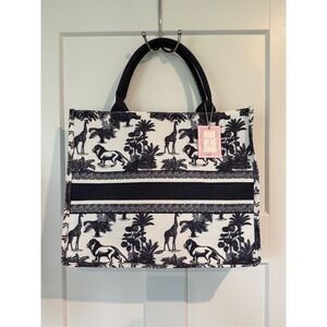 Fleur & Fig Safari Toile Canvas Book Tote Bag Black White Lion Giraffe